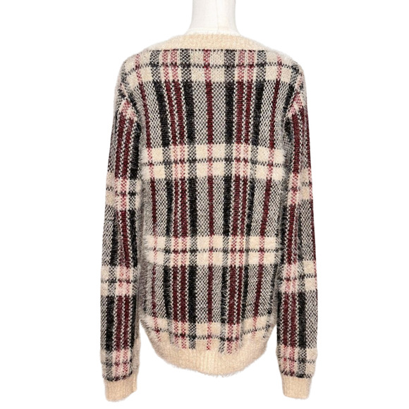 Forever 21 Red Black Cream Plaid Crew Neck Fuzzy Eyelash Sweater Medium Holiday - Picture 5 of 6